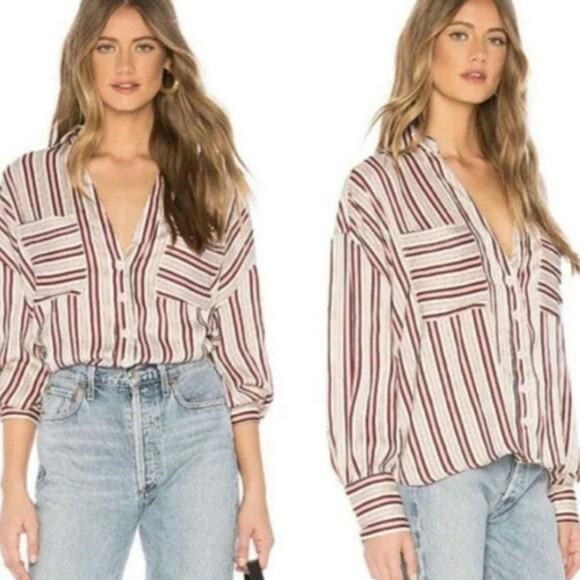 Free People Sz XS Mad About You Button Up Silky Shirt Striped Boxy Oversized - Picture 1 of 5